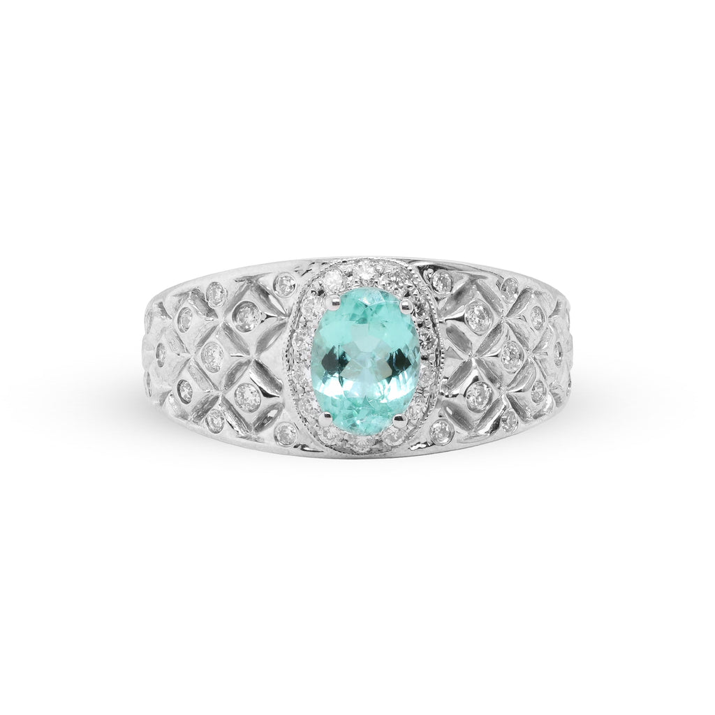 A Glimmer of Oceanlight – Platinum Paraiba Tourmaline & Diamond Ring