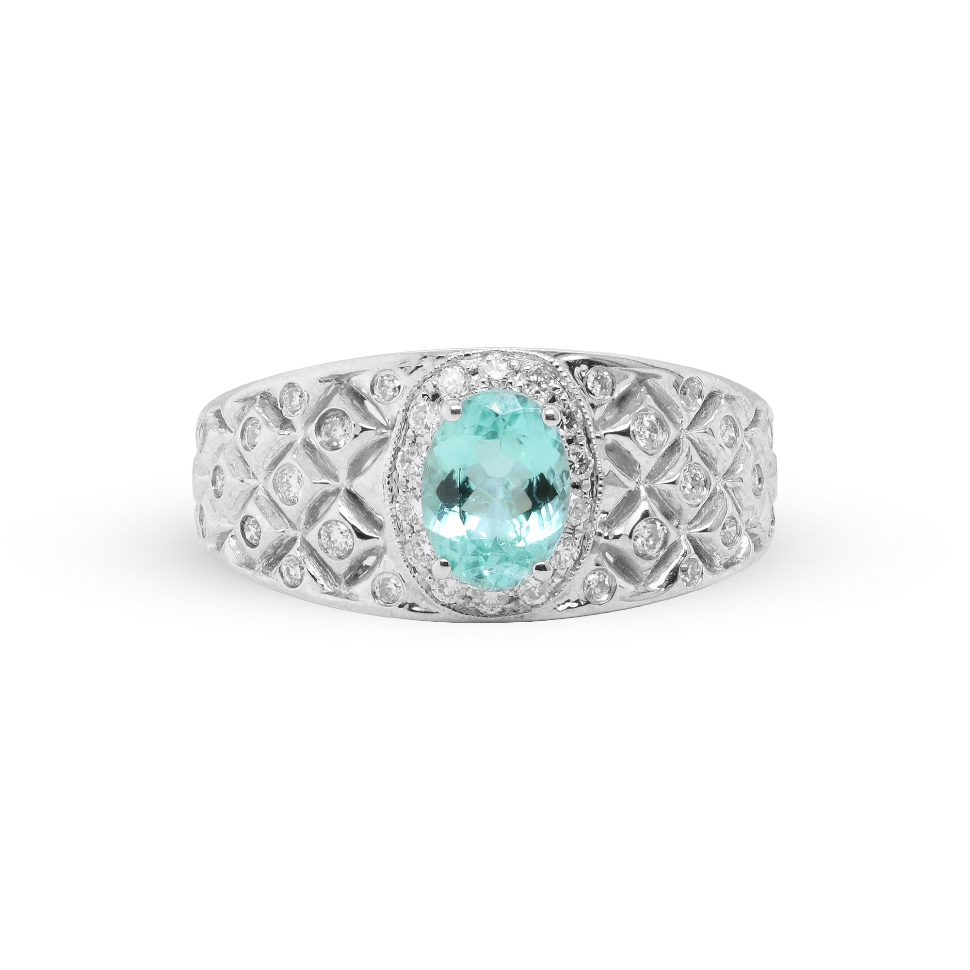 A Glimmer of Oceanlight – Platinum Paraiba Tourmaline & Diamond Ring