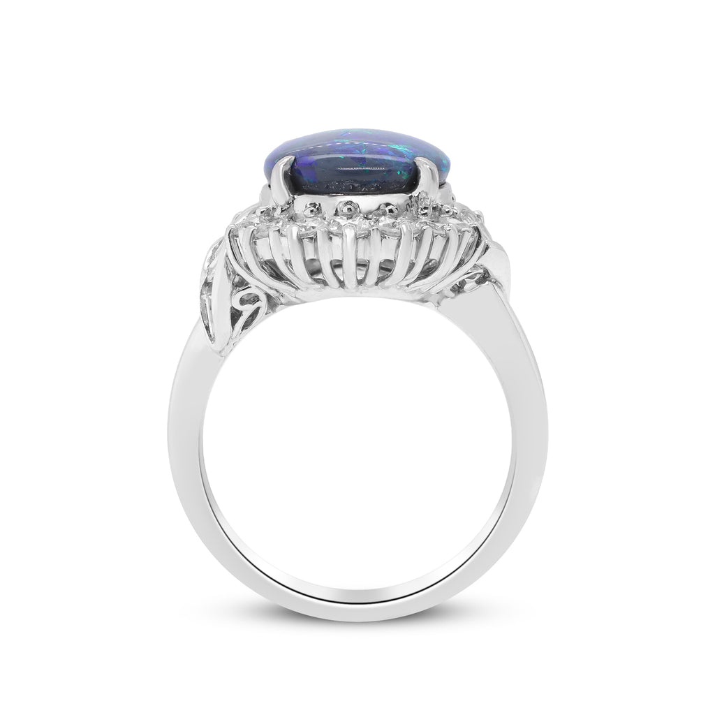 A Love Etched in Starlight – Platinum Black Opal & Diamond Ring
