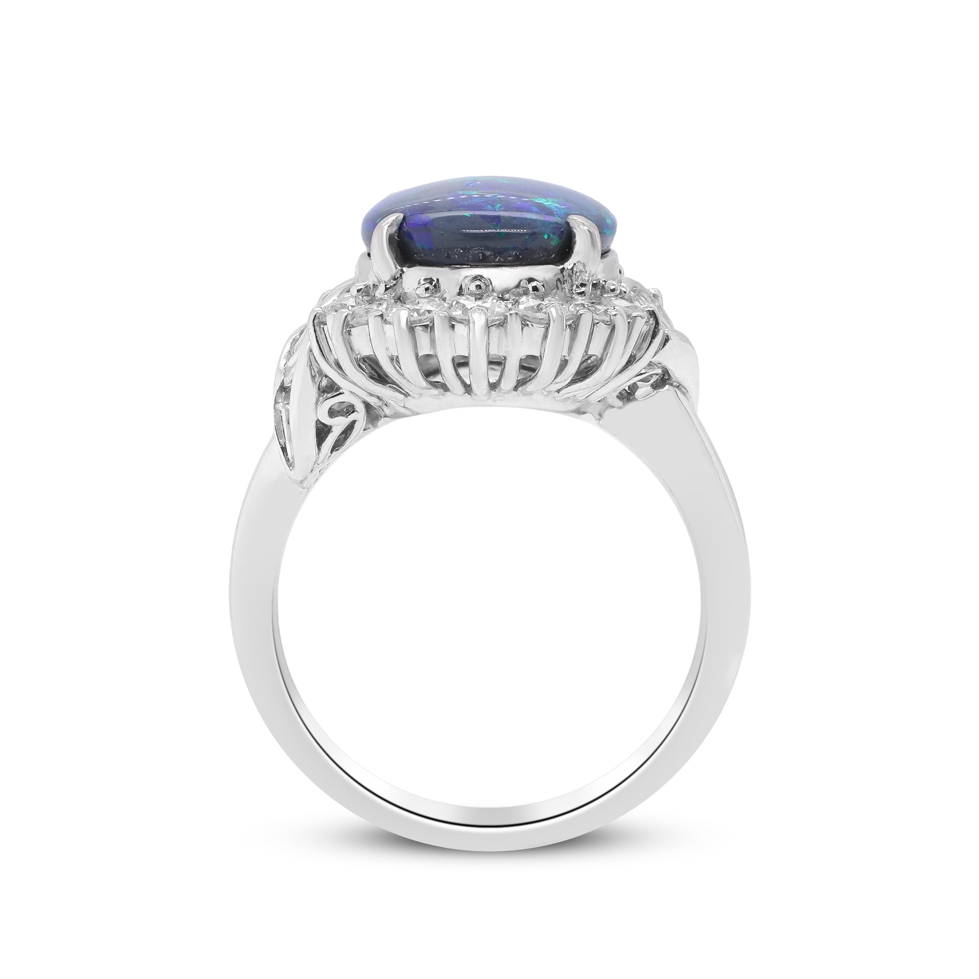 A Love Etched in Starlight – Platinum Black Opal & Diamond Ring